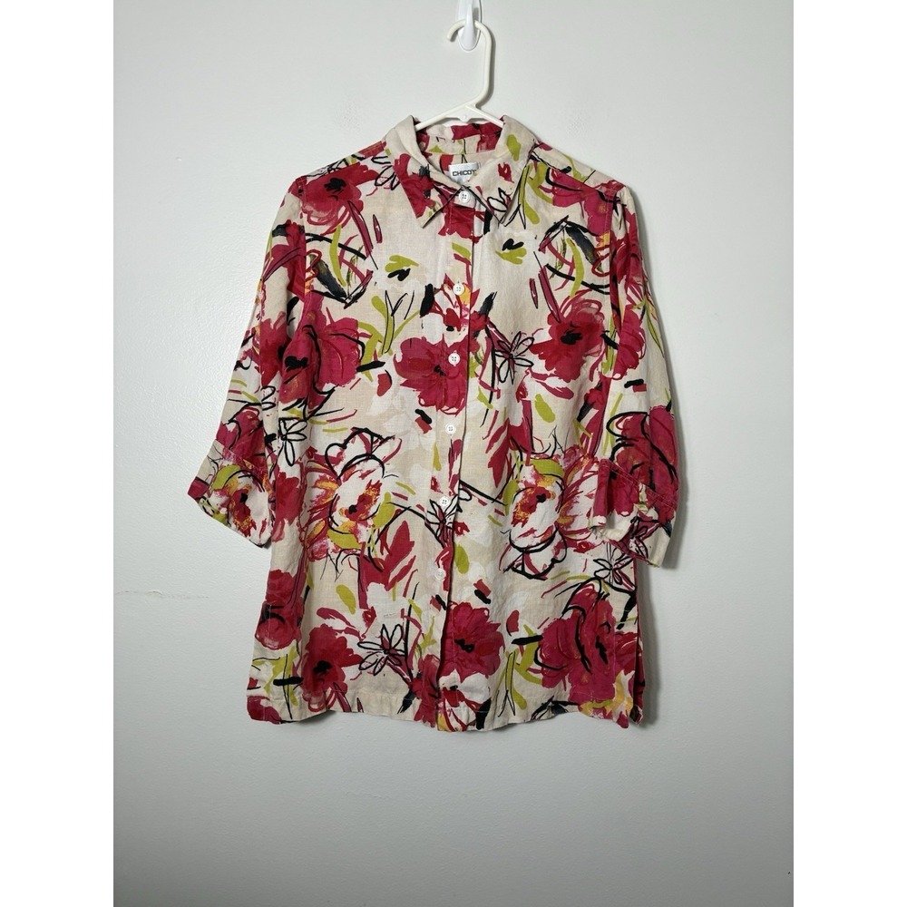 Chicos Button Front Floral Shirt Sz M Colorful 100% Linen Cottagecore